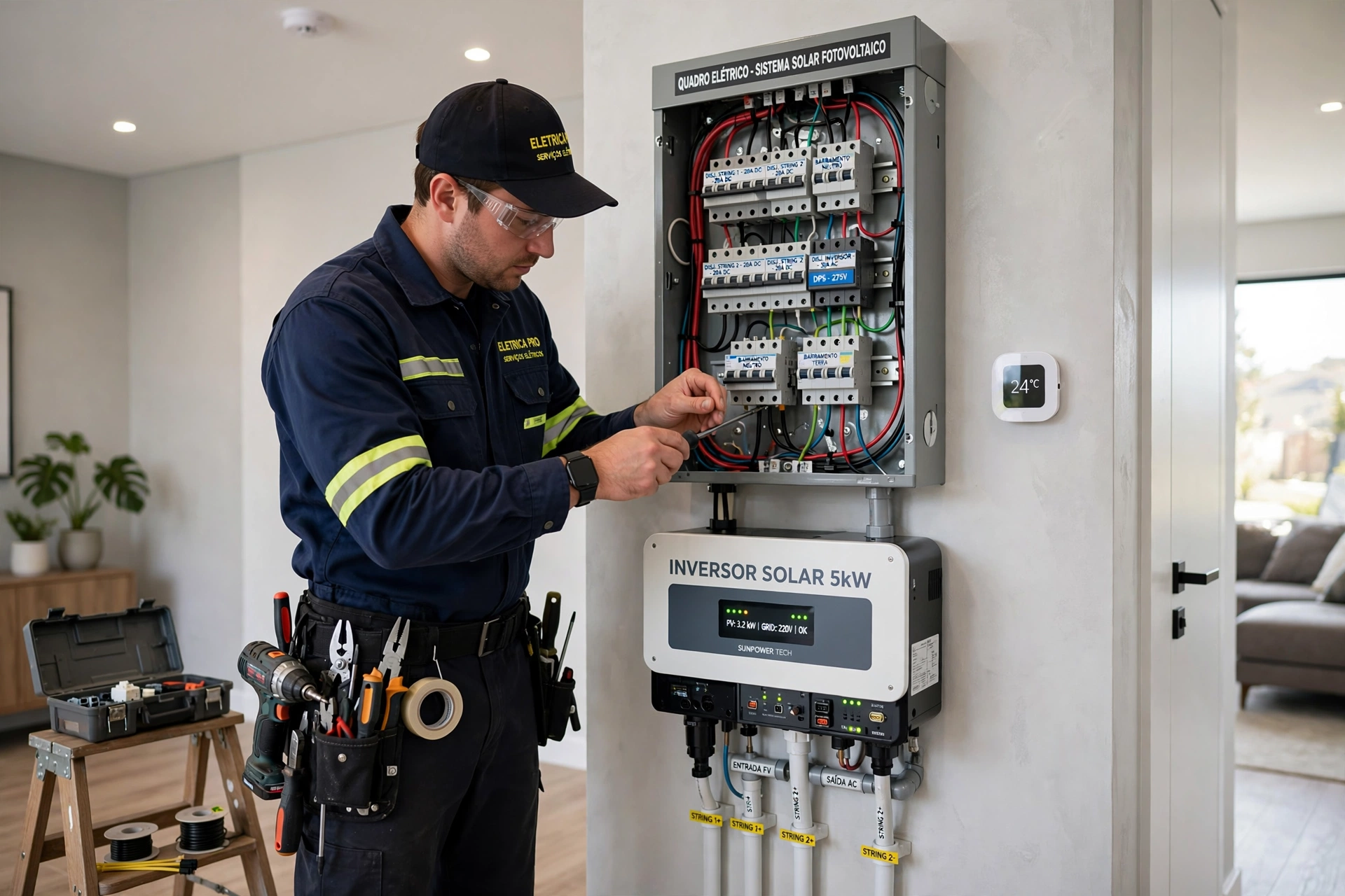 Técnico Densial instalando quadro elétrico