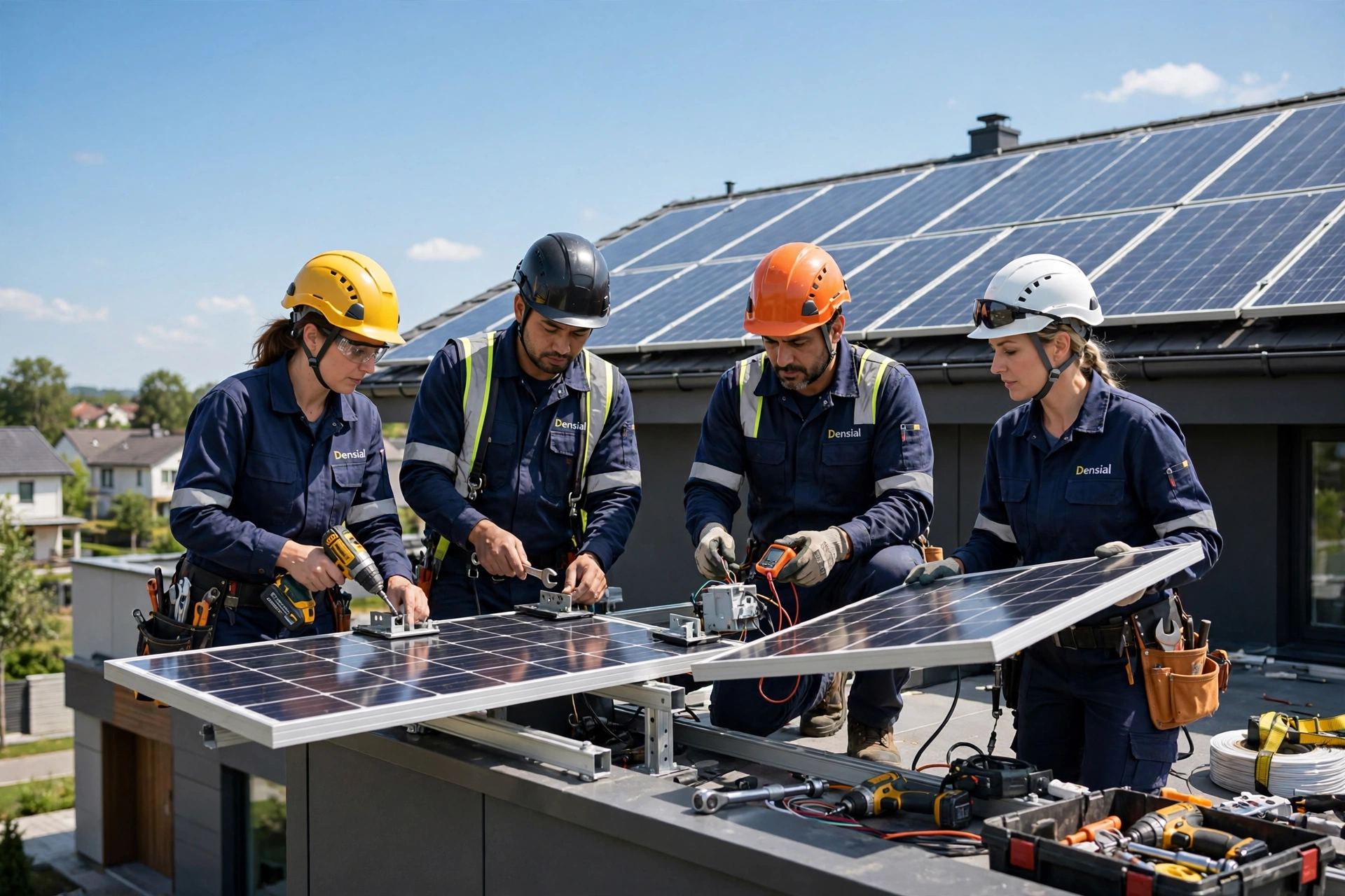 Equipe Densial Energia instalando painéis solares